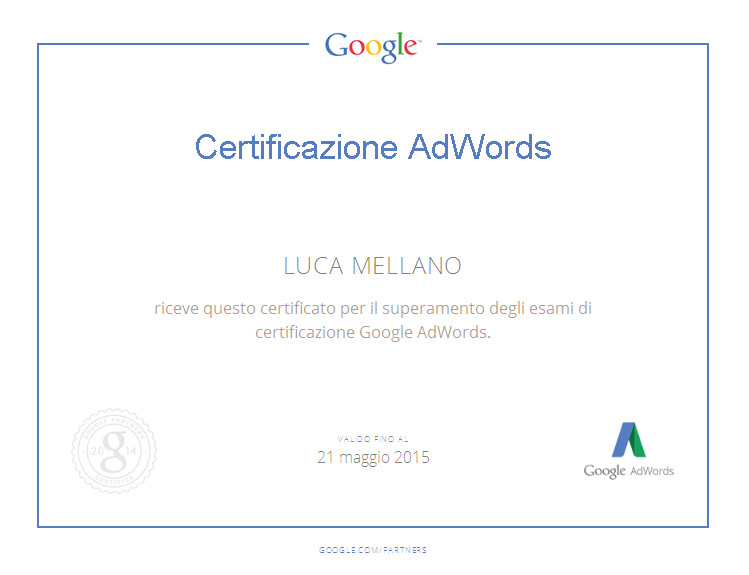 Certificato Google Adwords Luca Mellano